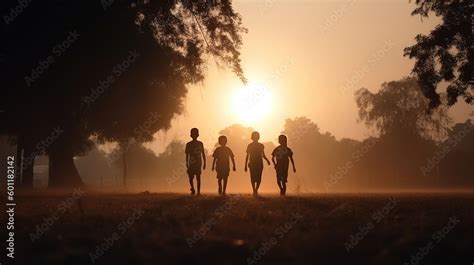 Stockillustratie Children silhouette walking in the sunset park, play together in nature. Happy ...