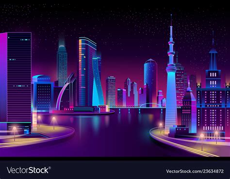 Modern city on river at night Royalty Free Vector Image