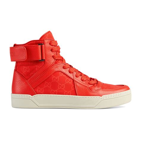 Gucci Men's Coral Red Nylon Leather GG Guccissima High Top Sneakers Shoes