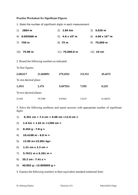 Sept 28 worksheet on sig fig - Practice Worksheet for Significant Figures 1. State the number of ...