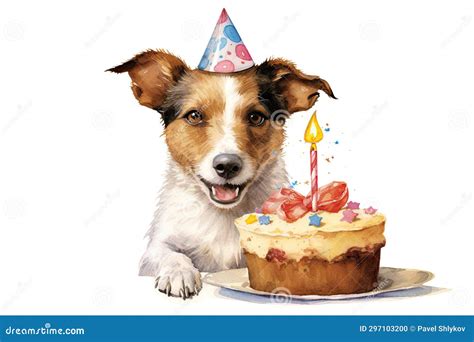 Funny Dog with Birthday Cake and Hat. Stock Photo - Image of copyspace, background: 297103200