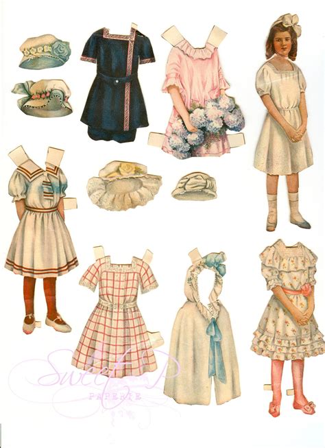 paper doll clothes from the early 1900's including dresses, bonnets and shoes