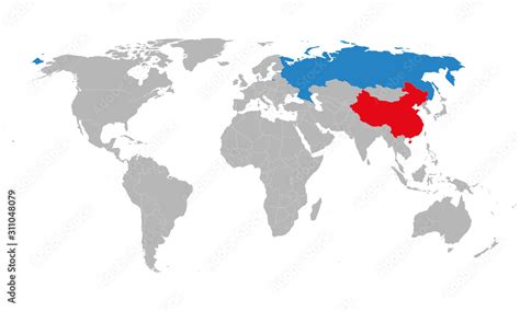 Naklejka mapa Chin Rosji wyróżniona na mapie świata. Szare tło. Idealny ...