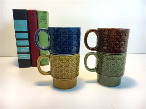 Set of 4 Stacking / Stackable Coffee / Tea Mugs / Cups Geometric Dripware 1970s - Made in Japan ...