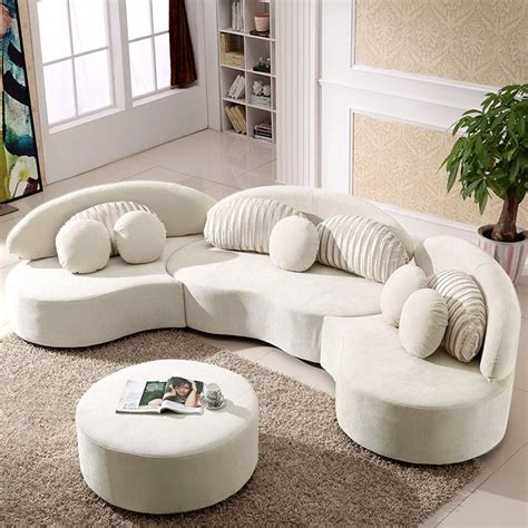 Modern 7-Seat Sofa Round Sectional Beige Velvet Upholstered with Ottoman & Pillows | Sectional ...