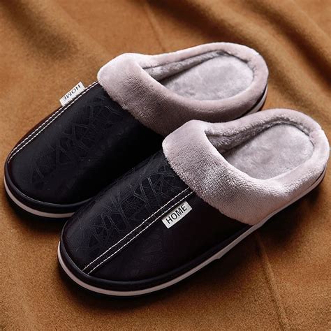 Non slip large size 7 15 Leather House Slippers men winter warm Memory ...