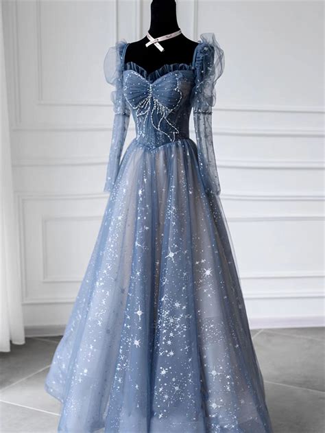 Blue Prom Dress Long Fairy Ball Gown Dress Long Sleeves Prom - Etsy