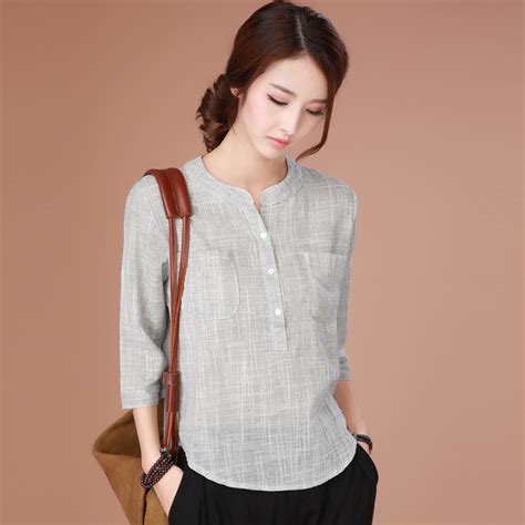 New Women Summer Casual Lattice Gray Cotton Linen Shirts Natural Tops ...