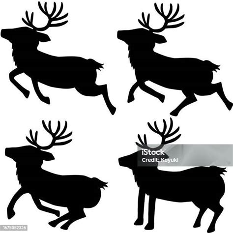 Flying And Running Reindeer Silhouette Clipart Set Stock Illustration ...