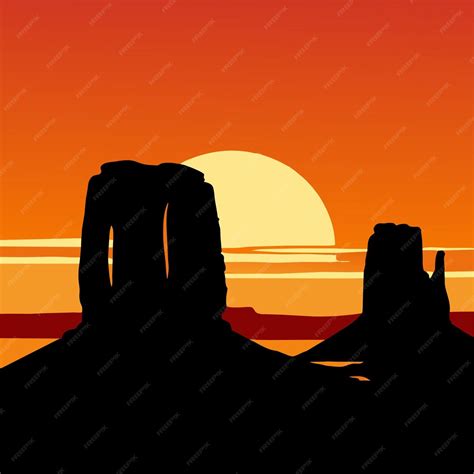 Premium Vector | Sunset over monument valley silhouettes majestically ...