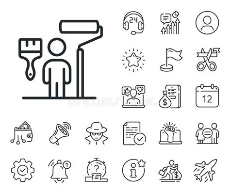 Painter Line Icon. Paint Brush Roller Sign. Salaryman, Gender Equality and Alert Bell. Vector ...