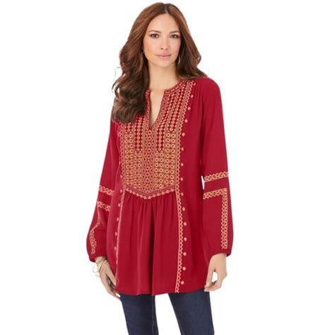 Roaman's Women's Plus Size Embroidered Boho Tunic - 26 W, Classic Red : Target