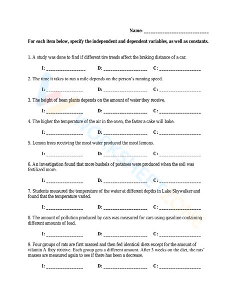 VARIABLES WORKSHEET Worksheet