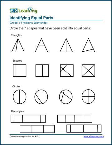 Grade 1 fractions worksheets. Understanding, identify and drawing equal parts. Dividing common ...