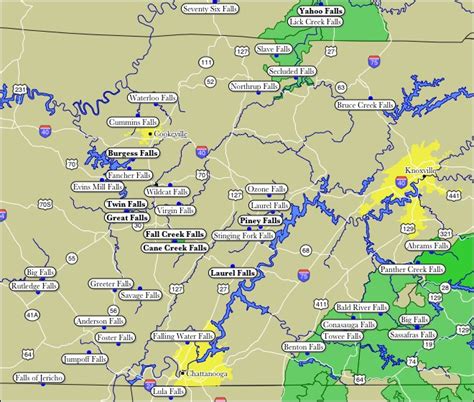 Map of WaterFalls on Tennessee's Cumberland Plateau