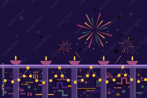 Illustration of lighted Diya, fireworks and illuminations. Concept for ...