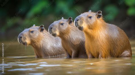 Capybara family in natural habitat. Generated AI Stock Illustration ...