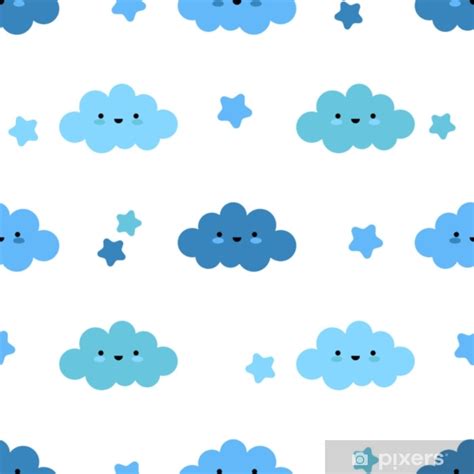 Poster Seamless background with funny clouds. Kawaii. Cute cartoon ...