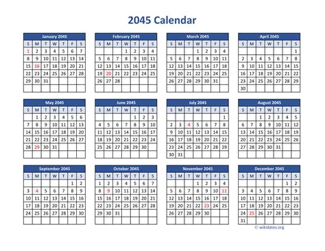 2045 Calendar in PDF | WikiDates.org