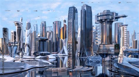 Future city 3D scene. Futuristic cityscape creative concept illustration with fantastic ...