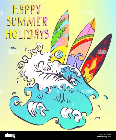 Happy summer holidays vector banner. Surfing fun concept. Colorful surfboards and huge wave ...