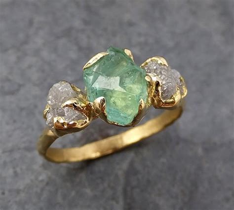 Three raw Stone Diamond Emerald Engagement Ring 18k Gold Wedding Ring | by Angeline