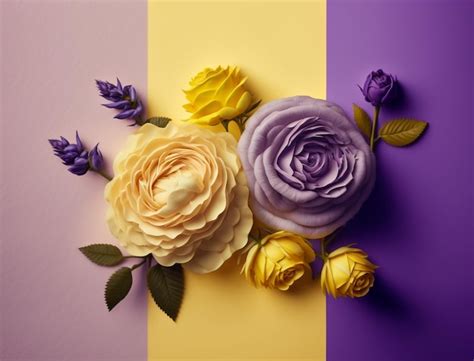 Premium AI Image | Beautiful golden purple roses blooming on illuminating yellow and purple ...