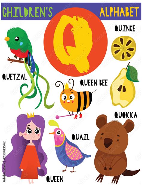 Letter Q.Cute children's alphabet with adorable animals and other things.Poster for kids ...