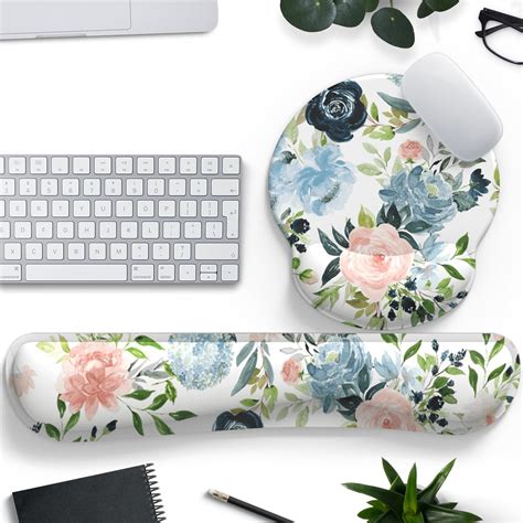 Amazon.com : Green Blue Pink Floral Mouse Pad Wrist Support Keyboard Wrist Rest Set, Ergonomic ...