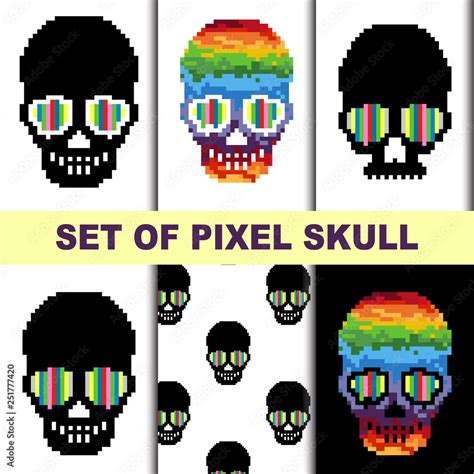 Set of pixel art skull. Pixel art seamless pattern. 8 bit. Set for ...