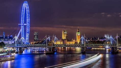 Wonderful night view of the thames river r, city, bridge, ferris wheel ...