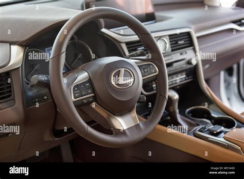 Russia, Izhevsk - July 21, 2019: Lexus showroom. Interior of new modern ...