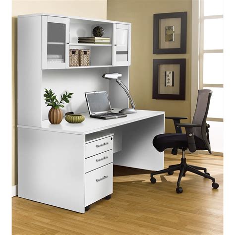 63" Modern White Desk with Hutch & Mobile Pedestal - OfficeDesk.com