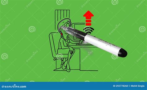 Draw Young Staff Nurse Sit on Adjustable Office Chair Work on Computer and Tablet with Internet ...