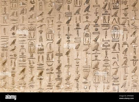 Authentic hieroglyphic inscriptions inside an underground burial chamber by the Pyramid of ...