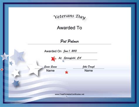 Veterans Day Holiday Certificate Printable Certificate