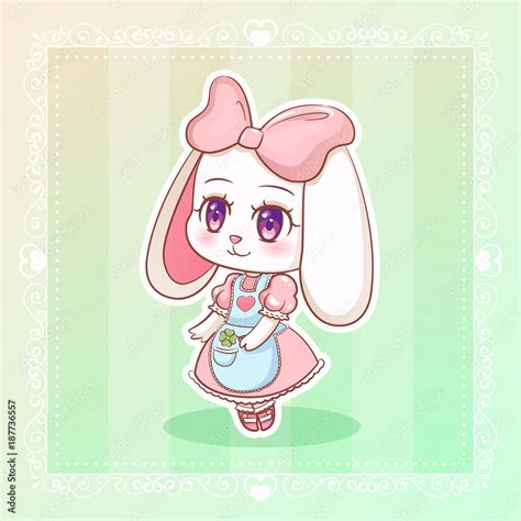 Sweet rabbit Little cute kawaii anime cartoon bunny girl in dress with pink ribbon. Stock Vector ...