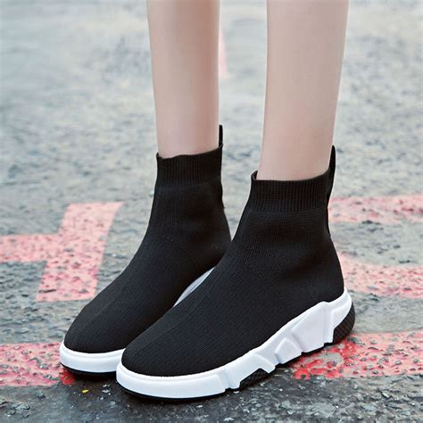 Weweya Striped High Top Sock Shoes Women Platform Soft Elastic Slip On ...