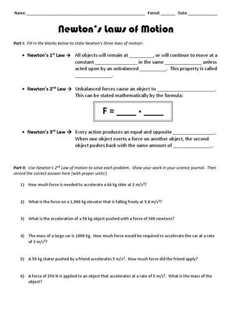 Newtons Laws Worksheet 6th Grade