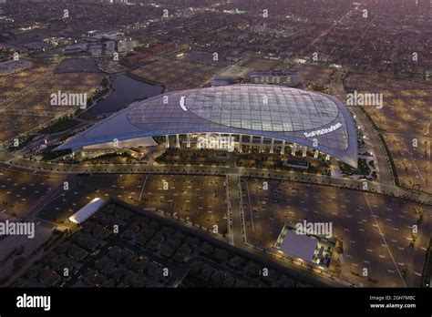 An aerial view of SoFi Stadium, Sunday, Sept. 5, 2021, in inglewood, Calif. The stadium is the ...