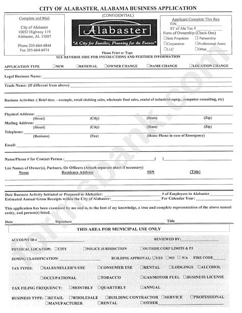 Alabama Business Application Form - City Of Alabaster printable pdf ...