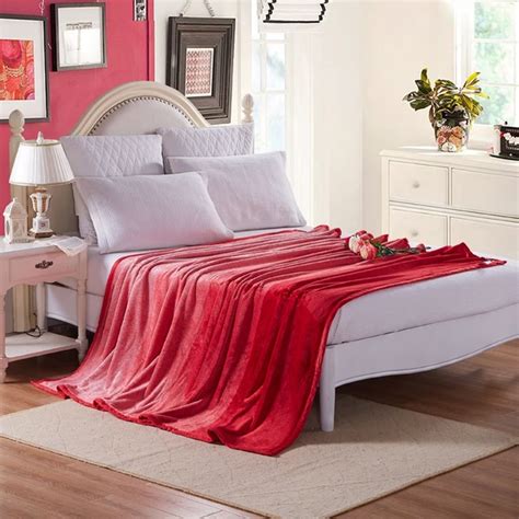 Red solid color fleece blanket on the bed,100 polyester flannel bed cover for summer,multi size ...