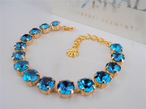 Blue Zircon Crystal Tennis Bracelet / Gold Prom Jewelry