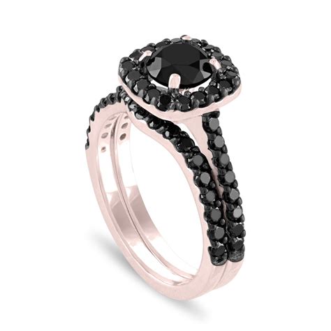 Black Diamond Engagement Ring Set, Wedding Ring Sets, Bridal Ring Sets, 14K Rose Gold 2.05 Carat ...