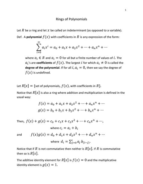 Rings - Abstract Algebra - Rings of Polynomials Let 𝑅 be a ring and let 𝑥 be called an ...