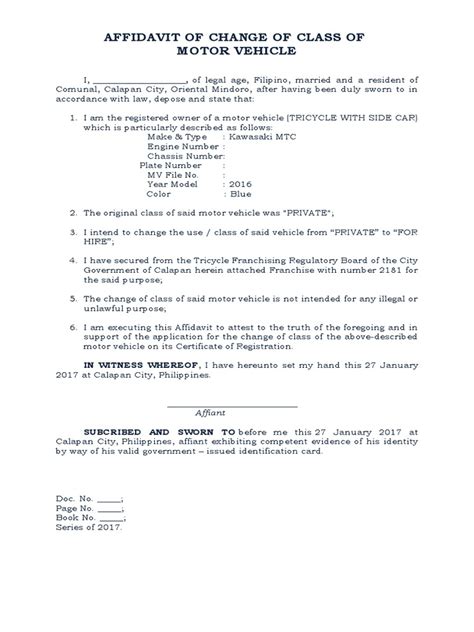 Affidavit of Change of Class of Motor Vehicle | PDF