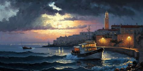 Premium AI Image | A painting of a boat in the harbor at sunset.