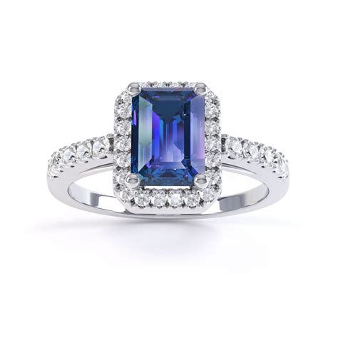 Princess Sapphire and Diamond Emerald Cut Halo 18ct White Gold Engagement Ring | Jian London