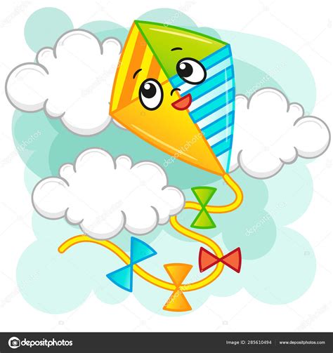 Cute Kite Flies Sky Clouds Joyful Smile Vector Cartoon Illustration ...