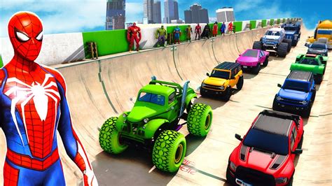 SPIDER-MAN CARS Racing on MULTI MEGA RAMP Challenge ! SUPERHERO ...